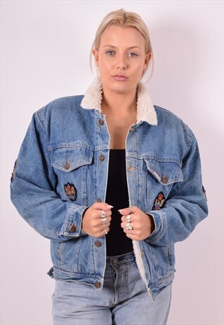 WOMENS VINTAGE SHERPA DENIM JACKET LARGE BLUE 90S