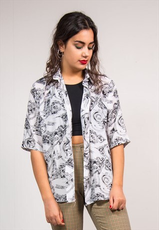 90'S VINTAGE MONOCHROME CRAZY PATTERN SHIRT BLOUSE