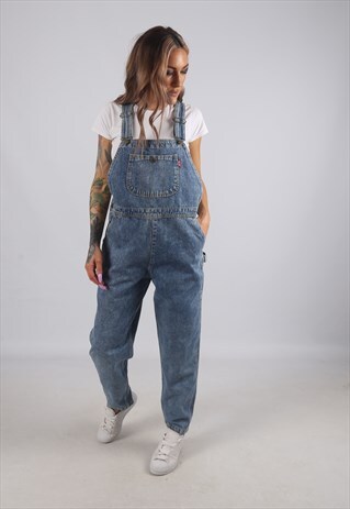 VINTAGE DENIM DUNGAREES WIDE TAPERED LEG UK 10 S (42P)