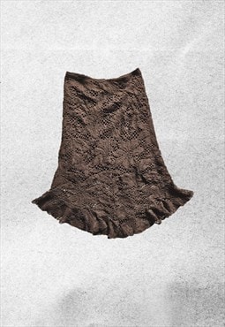 vintage brown knit lace ruffle asymetrical skirt 