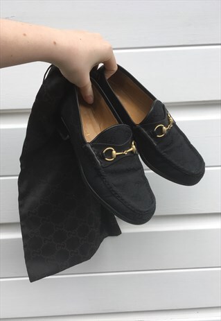 WOMENS VINTAGE GUCCI SHOES MONOGRAM PRINT LOAFERS IN BLACK