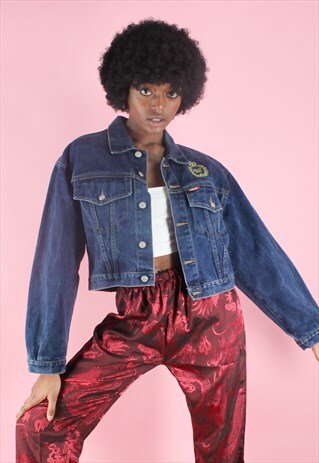 VINTAGE 90S Y2K SHORT BLUE CROPPED DENIM JACKET W EMBROIDERY