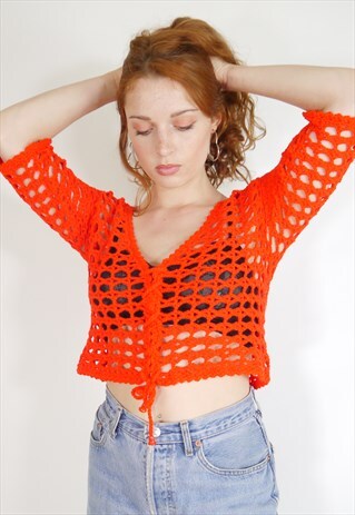 VINTAGE 90S Y2K RED CROCHET CROPPED KNIT TOP
