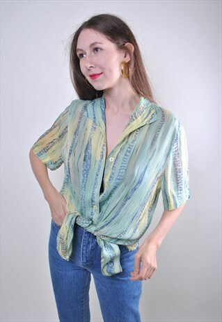 VINTAGE WOMAN GREEN STRIPED TRANSPARENT BLOUSE