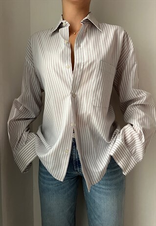 BUTTON UP VINTAGE STRIPED OVERSIZED SHIRT IN WHITE