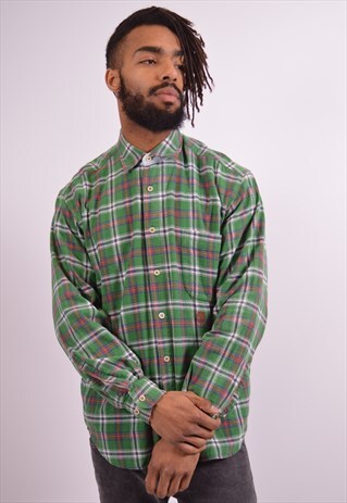 MENS VINTAGE FLANNEL SHIRT MEDIUM GREEN CHECK 90S