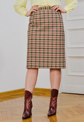 CHECKERED SKIRT VINTAGE 90S RED BEIGE TARTAN TRAPEZE WOMEN L