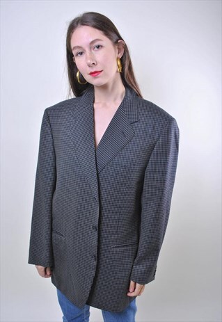 VINTAGE BLACK OVERSIZE PLAID WOMEN SUIT BLAZER, ONE SIZE