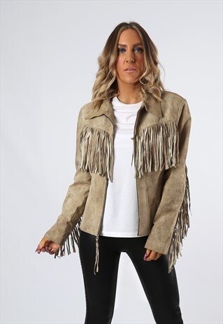 SUEDE LEATHER FRINGE TASSEL JACKET VINTAGE UK 14 (BDN)