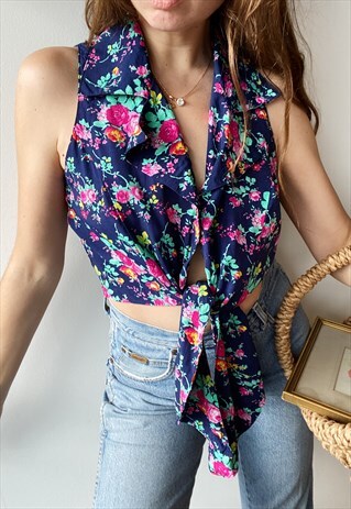 VINTAGE 80S BOHEME ROSE FLORAL CROP TOP BLOUSE FESTIVAL