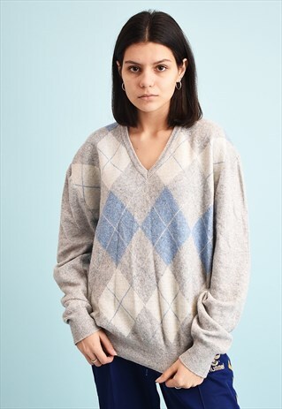 70'S RETRO ARGYLE PATTERN NEUTRAL OVERSIZED KNIT JUMPER