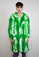 GREEN TIE-DYE COAT FAUX FUR NEON SHAGGY ACID TRENCH JACKET