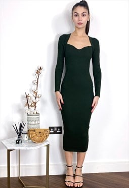 Soft Knitted Ribbed Midi Bodycon Dress Long Sleeve In gren