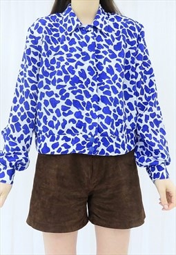 80s Vintage Blue & White Abstract Blouse (Size M)