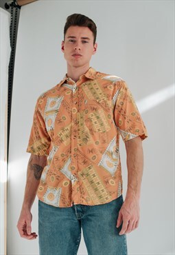 Vintage Short Sleeve Crazy Printed Men Shirt in Orange L