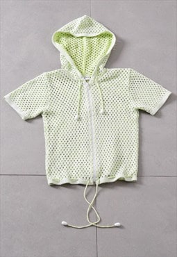 Vintage 90s Pastel Green Crochet Hooded Short Sleeve Top