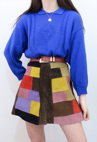 RETRO 90S VINTAGE BLUE COLLARED KNITTED EMBROIDERED JUMPER