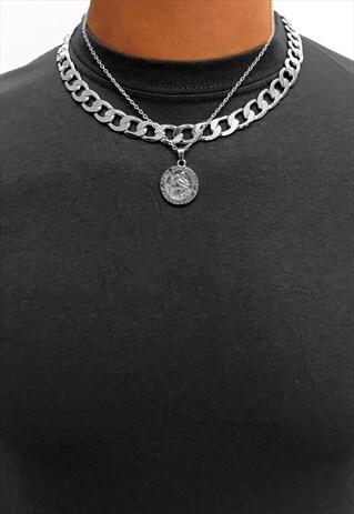SAINT CHRISTOPHER PENDANT 12MM CURB LAYER NECKLACE CHAIN