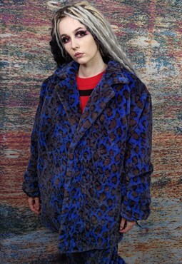 Leopard fleece coat handmade 2in1 tie-dye trench jacket blue