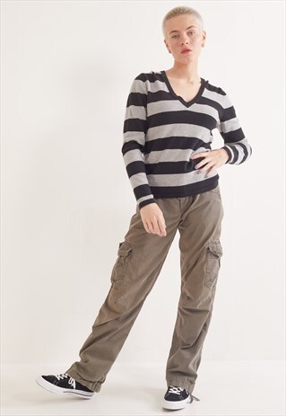 VINTAGE TOMMY HILFIGER V-NECK STRIPE JUMPER GREY