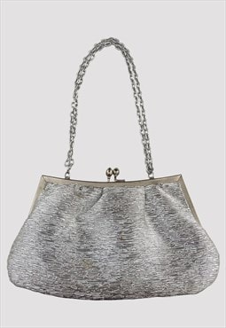 60's Silver Lurex Vintage Silver Chain Clutch Evening Bag