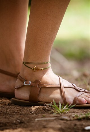 ANCHOR ANKLET, GREEN DAINTY ANKLET WITH A GOLD ANCHOR CHARM