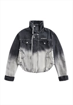 Cropped denim jacket raised neck jean bomber in acid grey