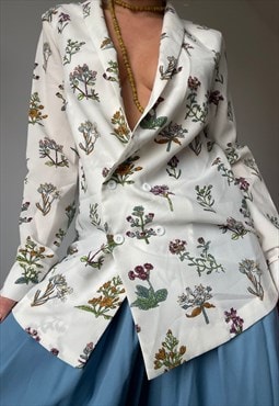Vintage White Flower Printed Long Blazer