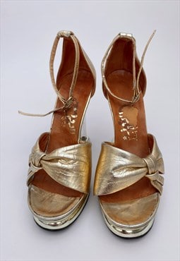 70's Ladies Vintage Gold Leather Perspex Platform Shoes 37