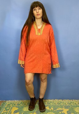 Vintage 90's Orange Woven Loose Tunic Dress - S/M