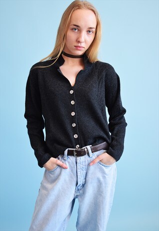 90'S RETRO KNIT GRAPHITE GREY CASHMERE CARDIGAN TOP