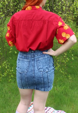 VINTAGE ACID WASH BLUE FESTIVAL DENIM SKIRT LEATHER STRIPE