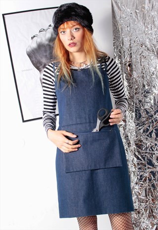 80S VINTAGE 90S GRUNGE WORKWEAR DENIM MINI BAGGY SACK DRESS