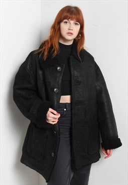 Vintage 1980's Oversize Leather Jacket Fleece Lined Black