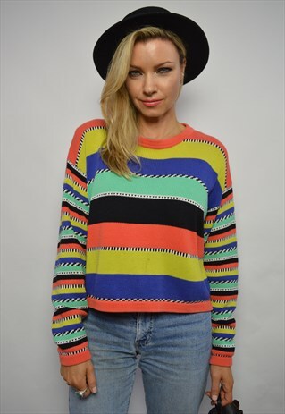 VINTAGE 90S COLOURFUL STRIPED CROPPED JUMPER SWEATER PREPPY