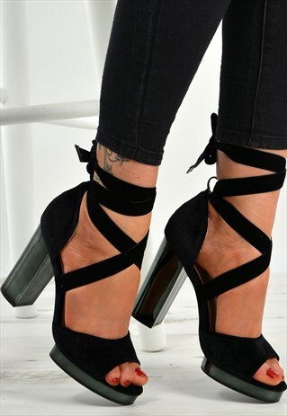 BLACK ANKLE WRAP BLOCK HEEL SANDALS PLATFORMS PEEP TOE SHOES