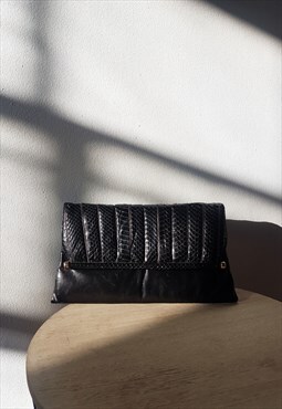 Vintage Black Leather Snake Print Envelope Bag