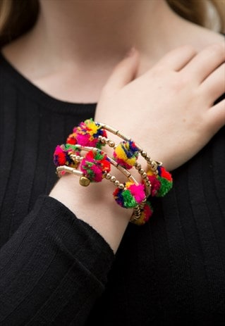 MULTI LAYERED STACKED WRAP BRACELET WITH HADMADE POM POM