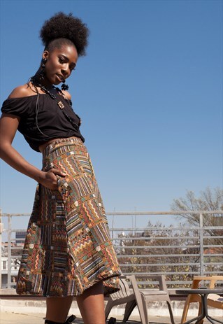 90'S VINTAGE ETHNIC TRIBAL PRINT QUILTED SKIRT