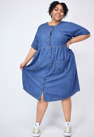 VINTAGE 90'S DENIM SHORT SLEEVED DRESS WITH POCKETS