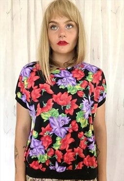 Black short sleeve vintage top with bright flowers