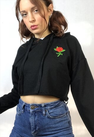 GRUNGE BLACK CROPPED ROSE HOODIE