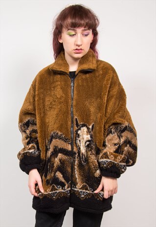 VINTAGE 90'S BROWN HORSE PRINT TEDDY FLEECE JACKET