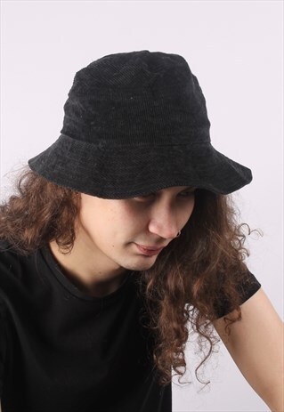 VINTAGE CORDUROY CORD BUCKET HAT CAP BLACK
