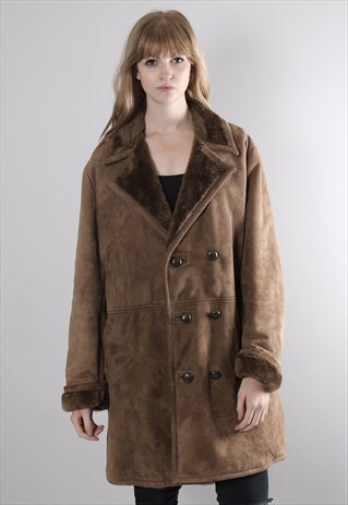 VINTAGE 90S BROWN LONG SHEARLING SHEEPSKIN SUEDE COAT JACKET