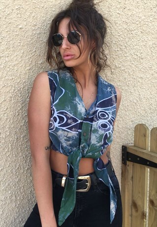 PATTERNED CROPPED TIE-UP RETRO VINTAGE FESTIVAL SHIRT