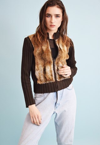 90'S RETRO FAUX FUR DETAILING KNITTED TEEN CARDIGAN TOP