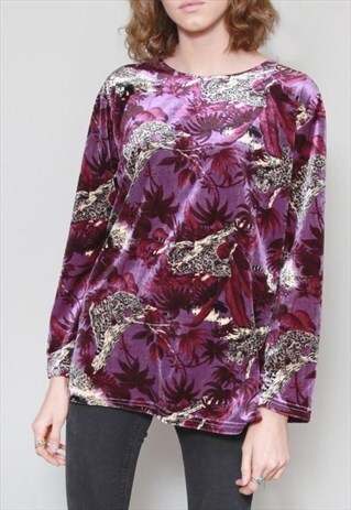 VINTAGE 1980'S PURPLE VELVET ANIMAL PRINT TOP