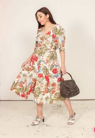 VINTAGE 90S MIDI DRESS IN TROPICAL PRINT