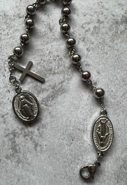 Stainless steel silver rosary bead cross bracelet for men 7"